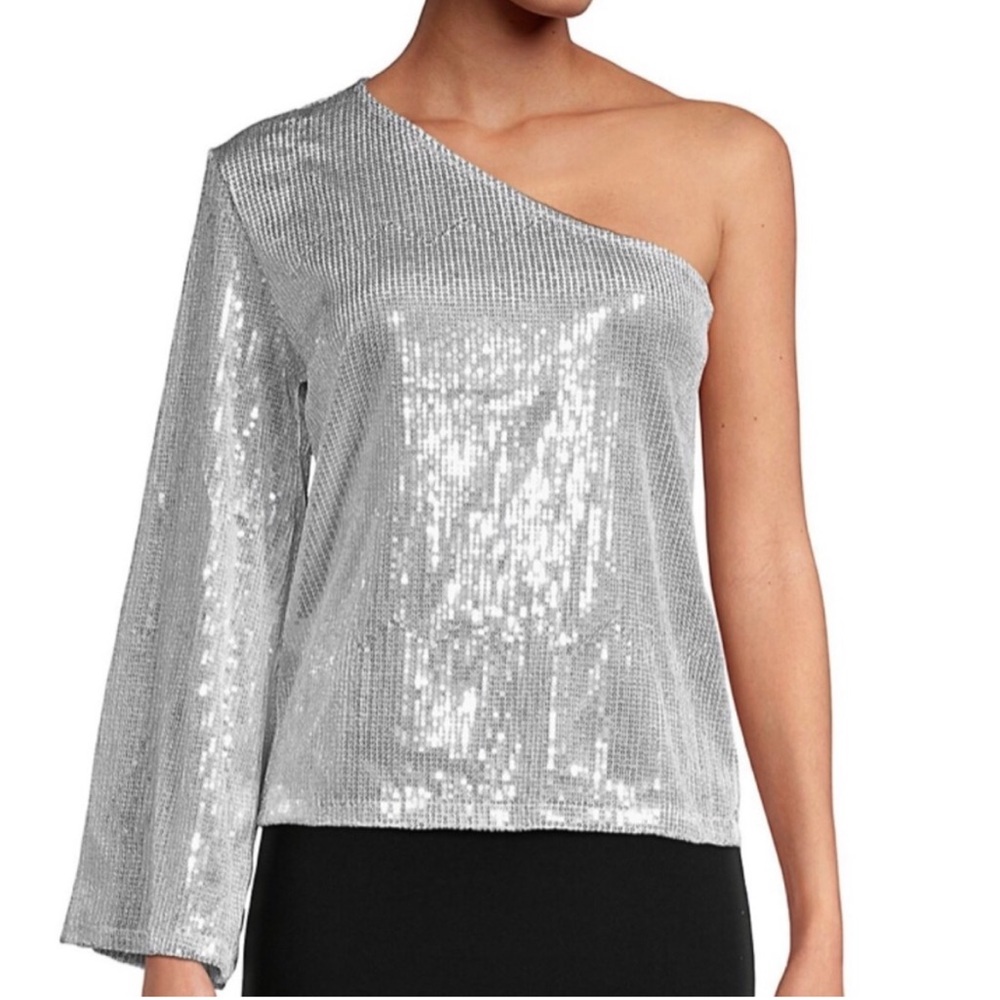 Lea & Viola One Shoulder Sequin Top Party Silver Metallic Medium